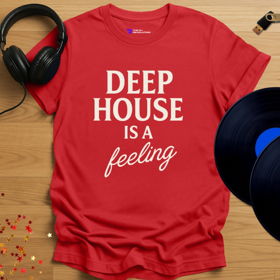 Deep House Is a Feeling house music T-shirt in red, front view