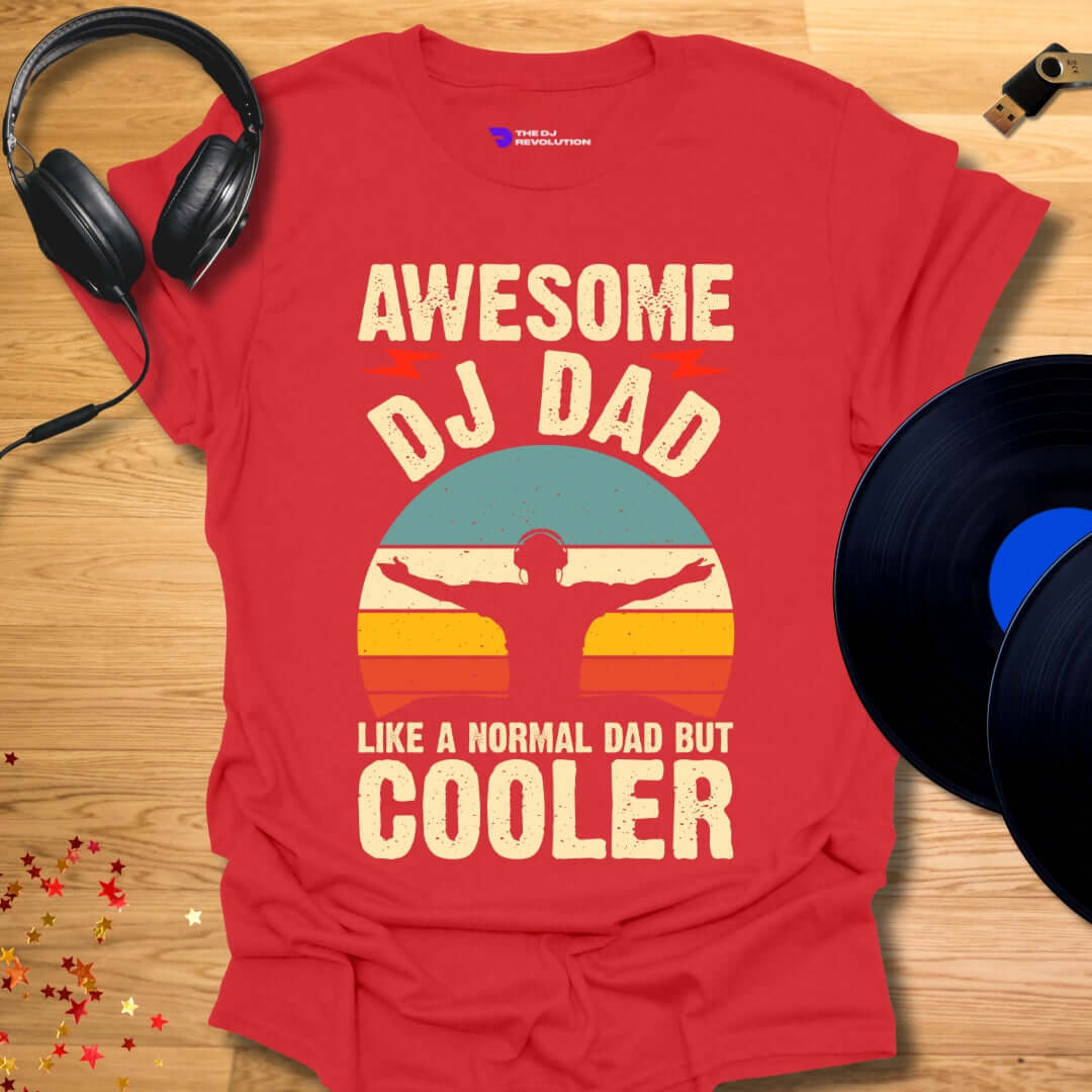 Unisex DJ T-shirt, 'Awesome DJ Dad' design in red, front view