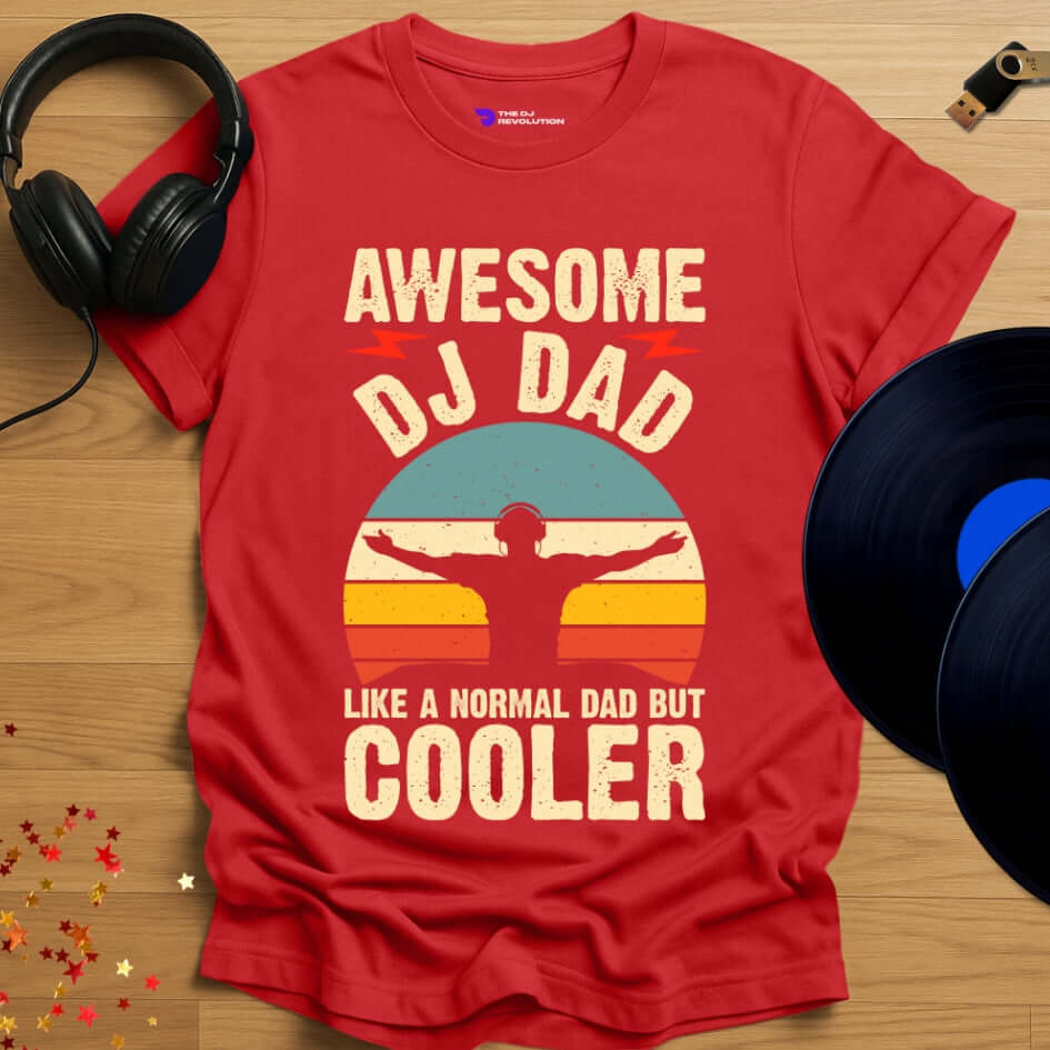 DJ T-shirt, 'Awesome DJ Dad' design in red, front view