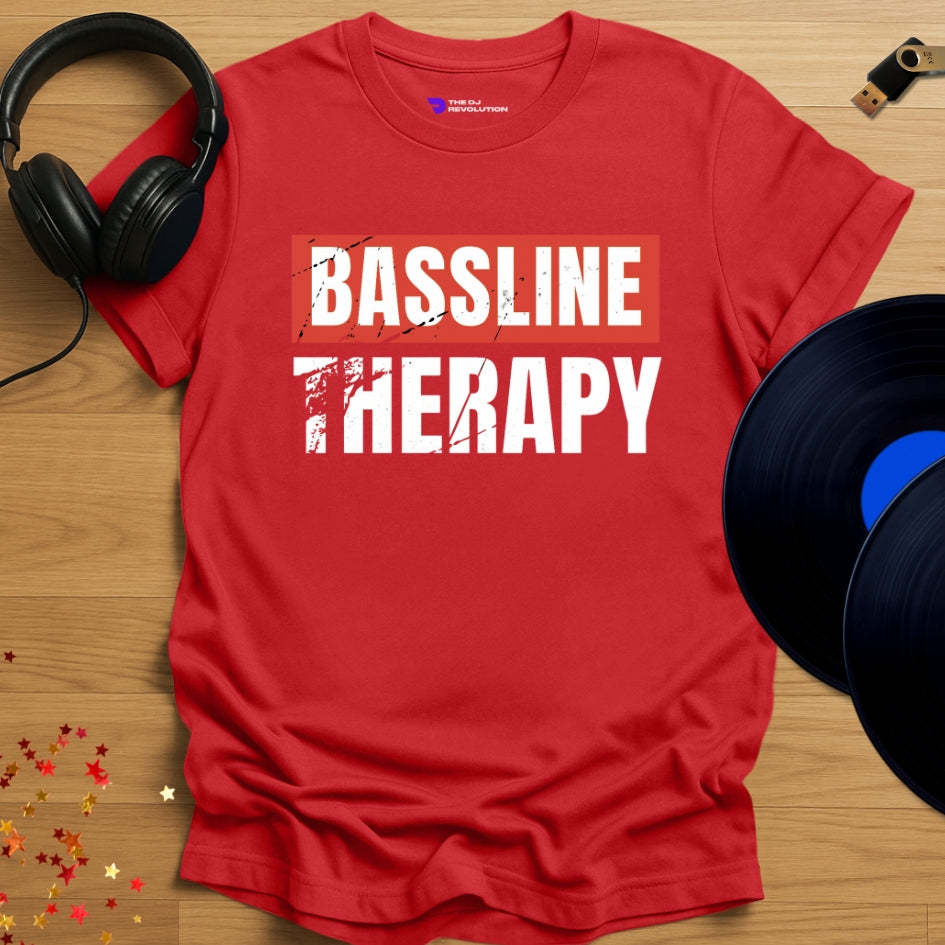 Rave DJ T-shirt, 'Bassline Therapy' design in red, front view