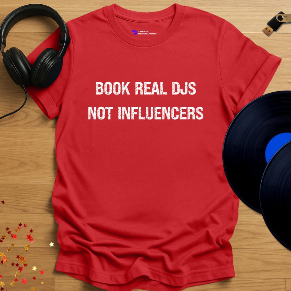 Unisex DJ T-shirt, 'Book Real DJs' design in red, front view