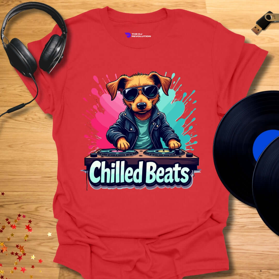 Unisex DJ T-shirt, 'Chilled Beats' dog design in red, front view