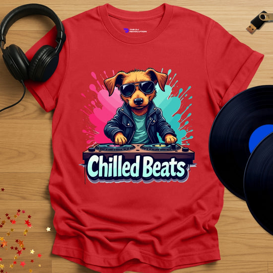 Unisex DJ T-shirt, 'Chilled Beats' dog design in red, front view
