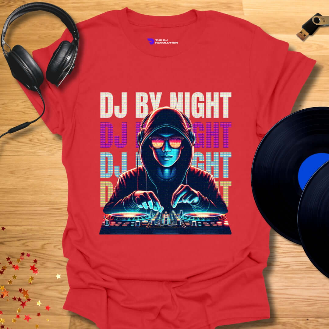 Unisex DJ T-shirt, 'DJ By Night' design in red, front view