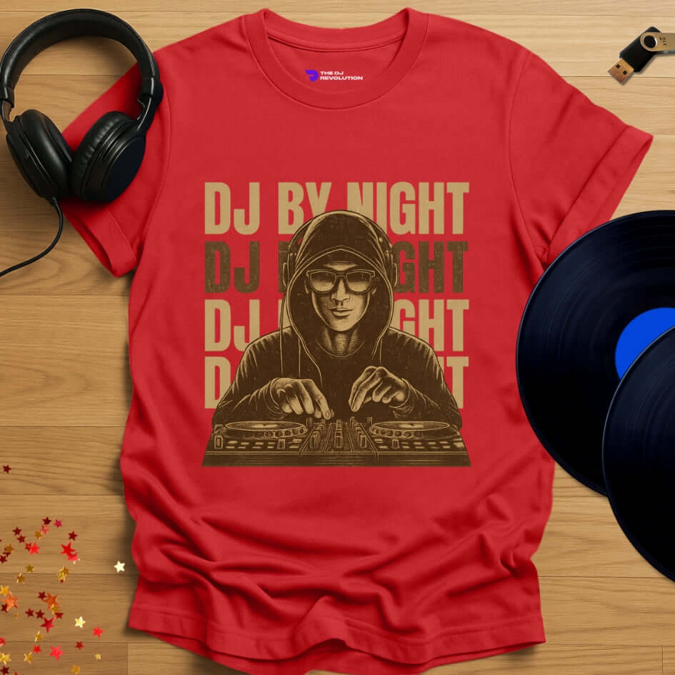 Unisex DJ T-shirt, 'DJ By Night' design in red, front view
