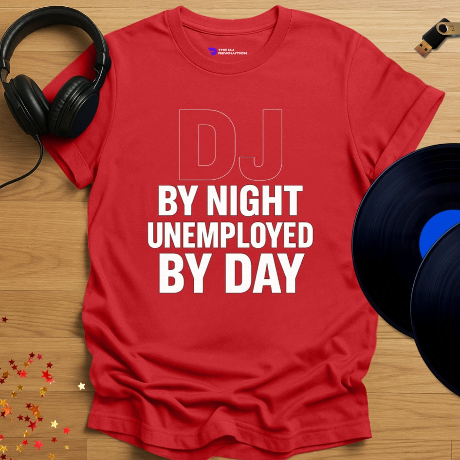 'DJ By Night', funny DJ T-shirt in red, front view