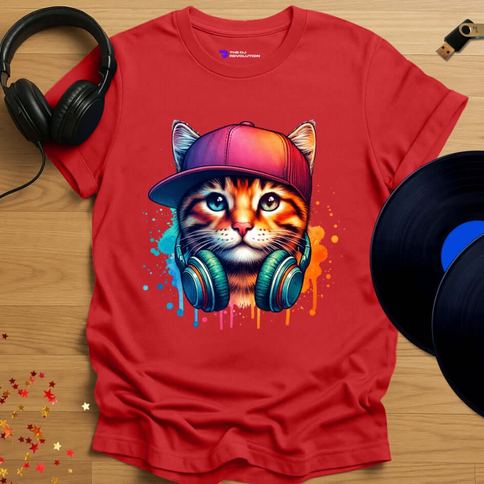 Cat DJ T-shirt, 'DJ Cool Cat' design in red, front view