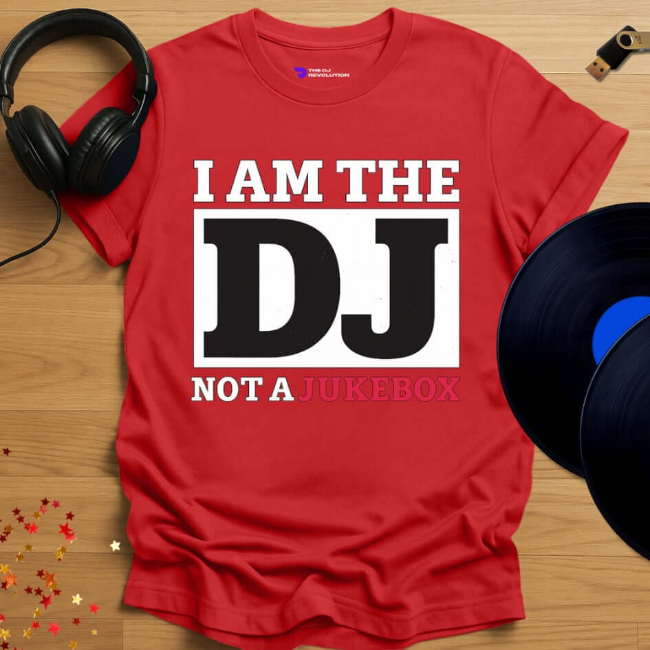 Funny DJ T-shirt, 'I’m Not A Jukebox' design in red, front view