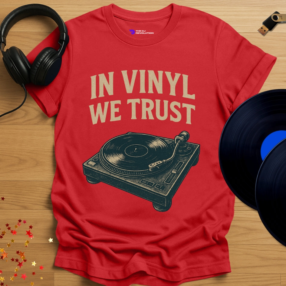 Vinyl DJ T-shirt, 'In Vinyl We Trust' design in red, front view