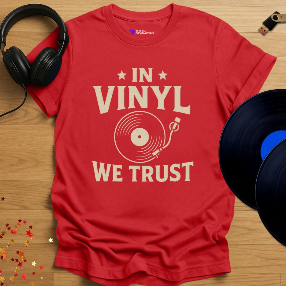 Vinyl DJ T-shirt, 'In Vinyl We Trust' design in red, front view