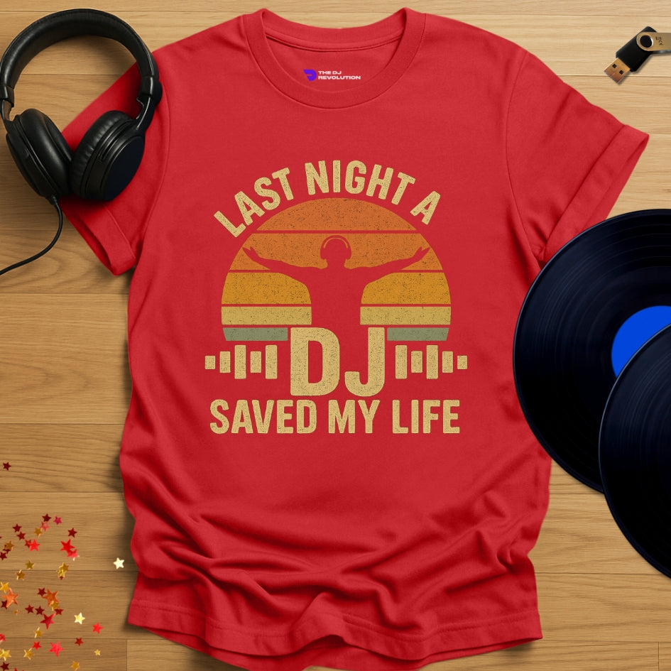 'Last Night A DJ Saved My Life' t-shirt in red, front view