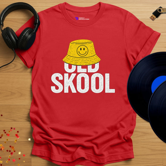 Rave DJ T-shirt, 'Old Skool Lover' design in red, front view