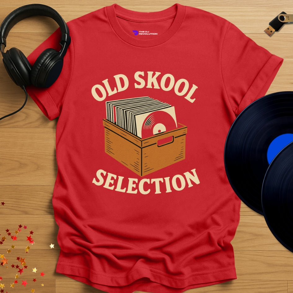 Vinyl DJ T-shirt, 'Old Skool Selection' design in red, front view