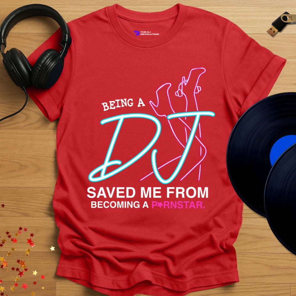 Funny DJ T-shirt, 'Pornstar DJ' design in red, front view