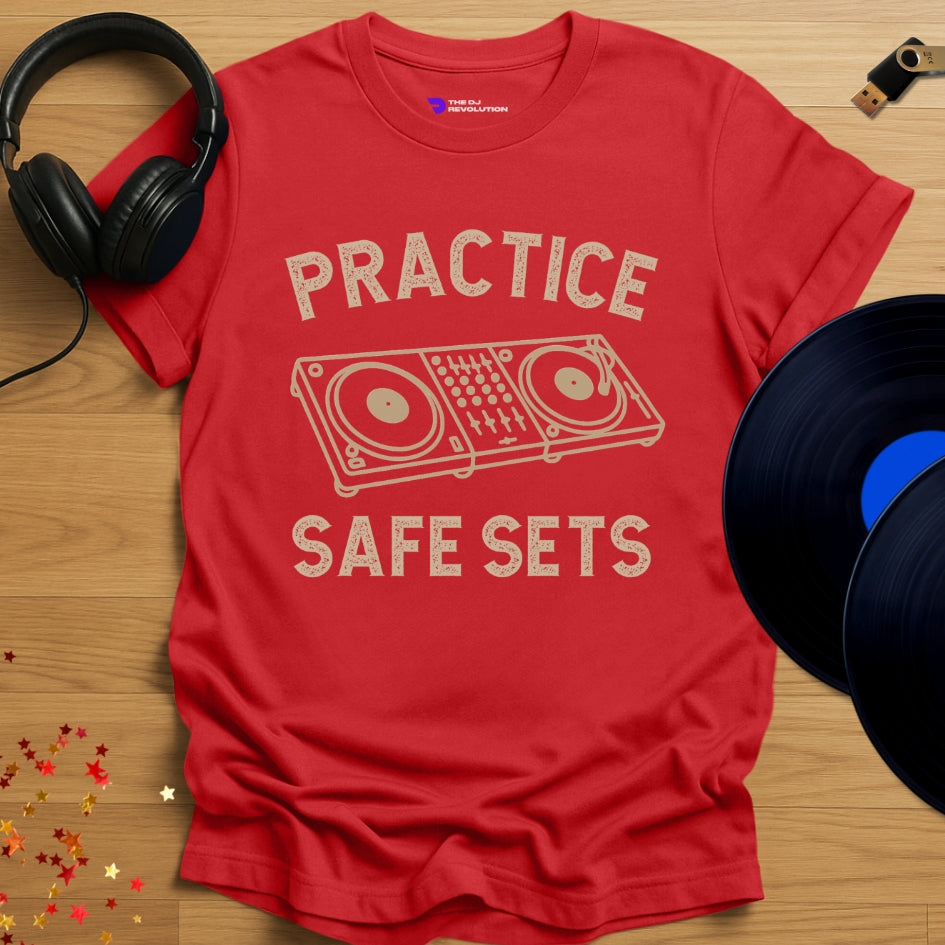 Funny DJ T-shirt, 'Practice Safe Sets' design in red, front view