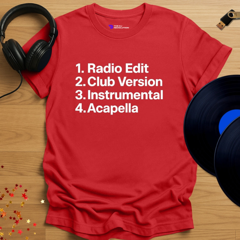 Unisex DJ T-shirt, 'Radio Edit Club Version’ design in red, front view