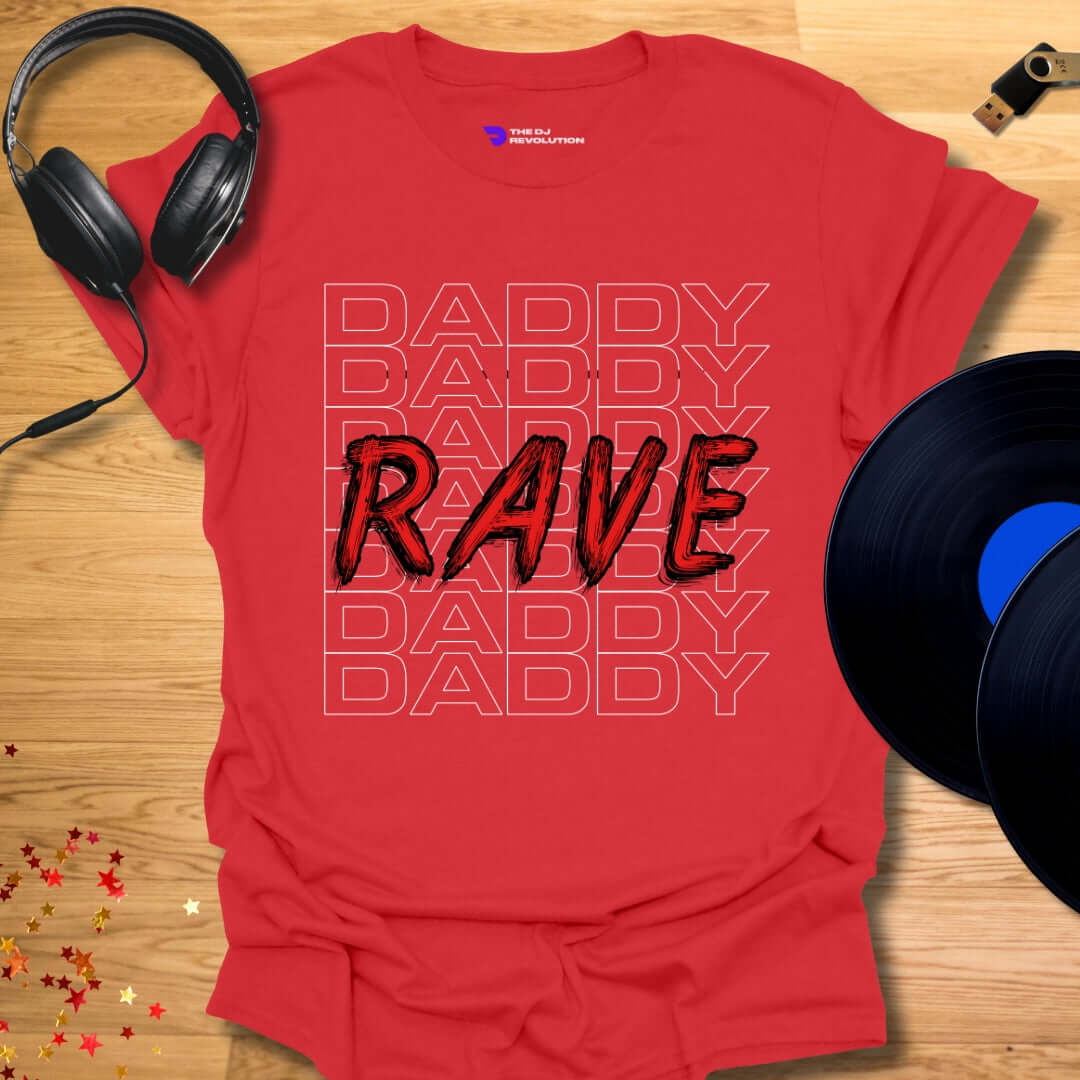 Funny DJ T-shirt, 'Rave Daddy' design in red, front view