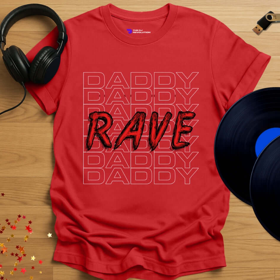 Funny DJ T-shirt, 'Rave Daddy' design in red, front view