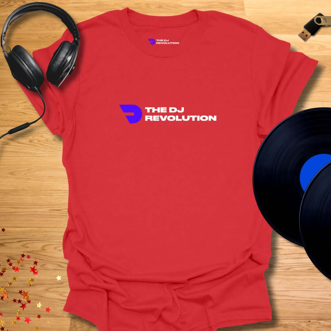 Unisex DJ T-shirt, 'The DJ Revolution' design in red, front view