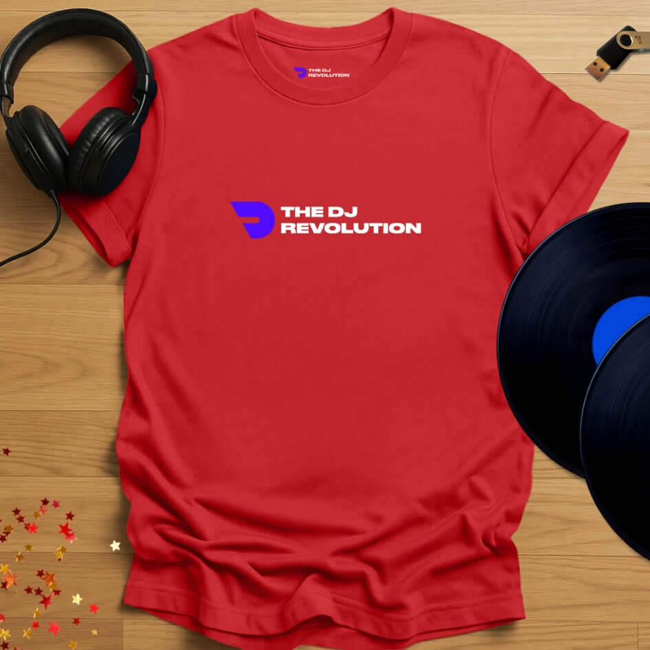 Unisex DJ T-shirt, 'The DJ Revolution' design in red, front view