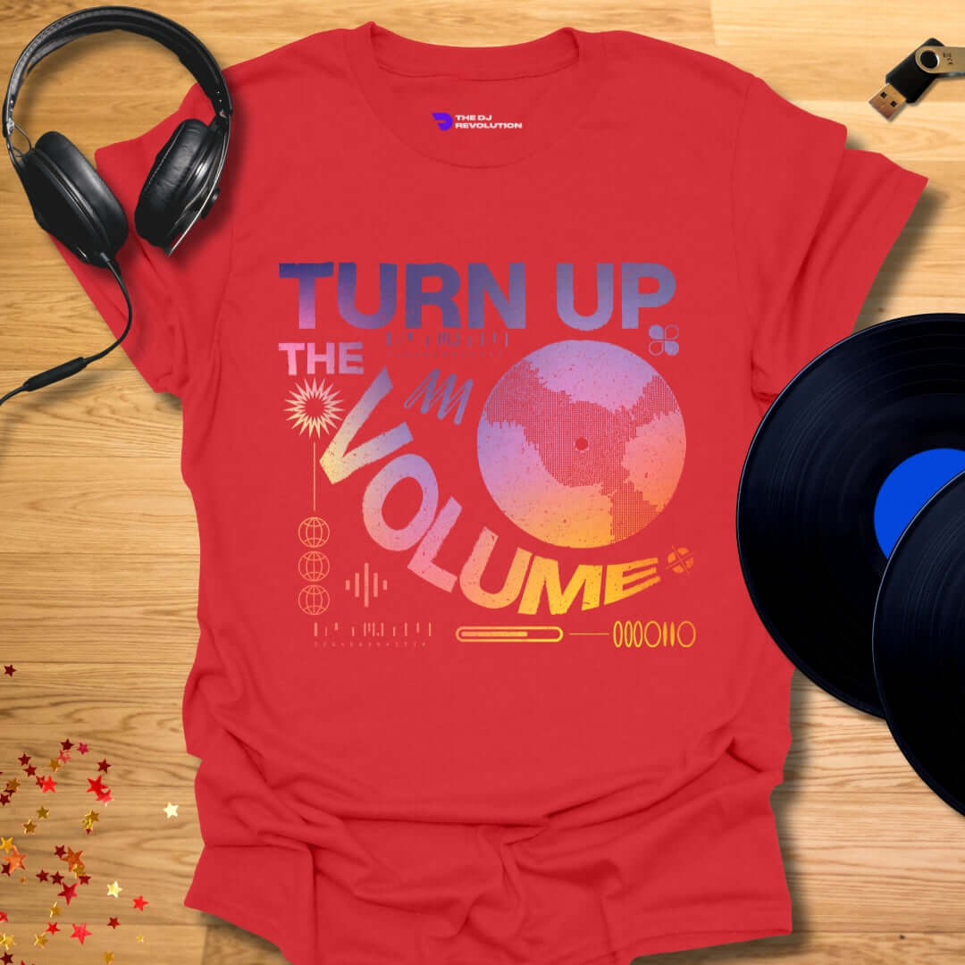 Unisex DJ T-shirt, 'Turn Up The Volume' design in red, front view