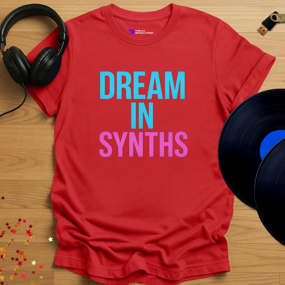 Dream In Synths Techno T-shirt in red, front view