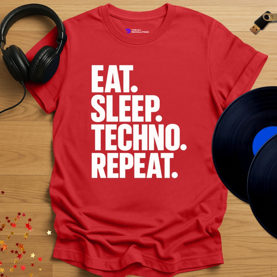 Eat Sleep Techno Repeat Techno T-shirt in red, front view