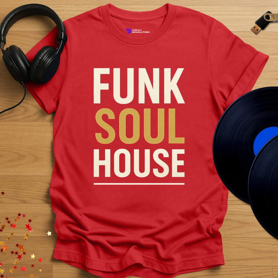 ‘Funk Soul House’ house music T-shirt in red, front view