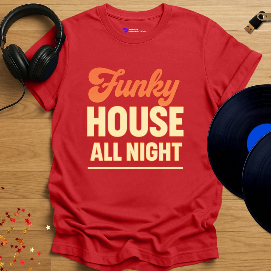 Funky House All Night house music T-shirt in red, front view