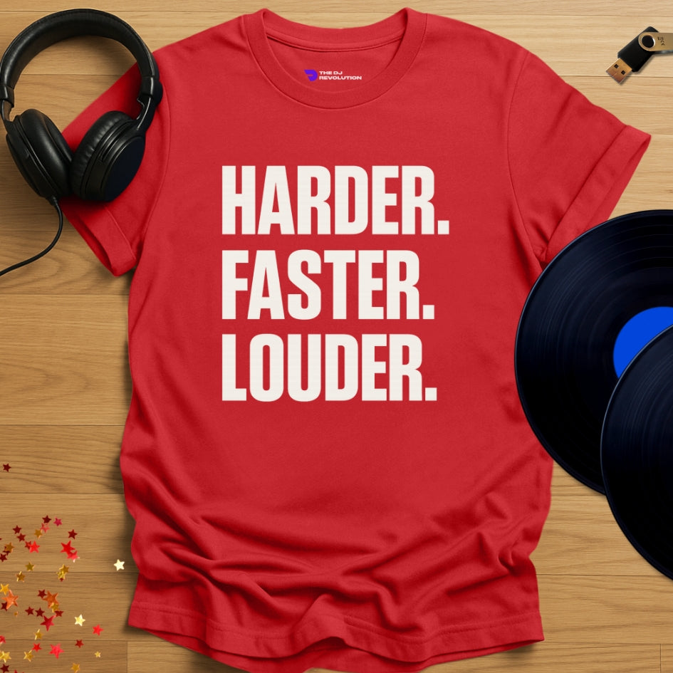Harder Faster Louder Techno T-shirt in red, front view