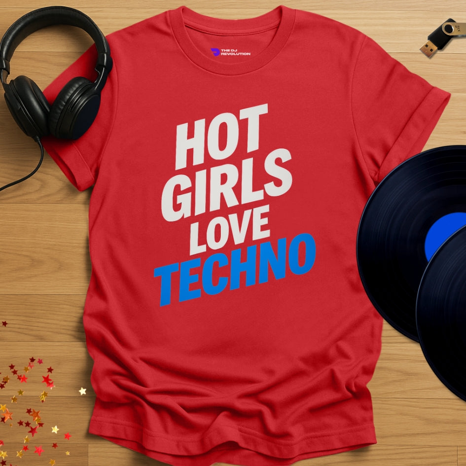 Hot Girls Love Techno T-shirt in red, front view