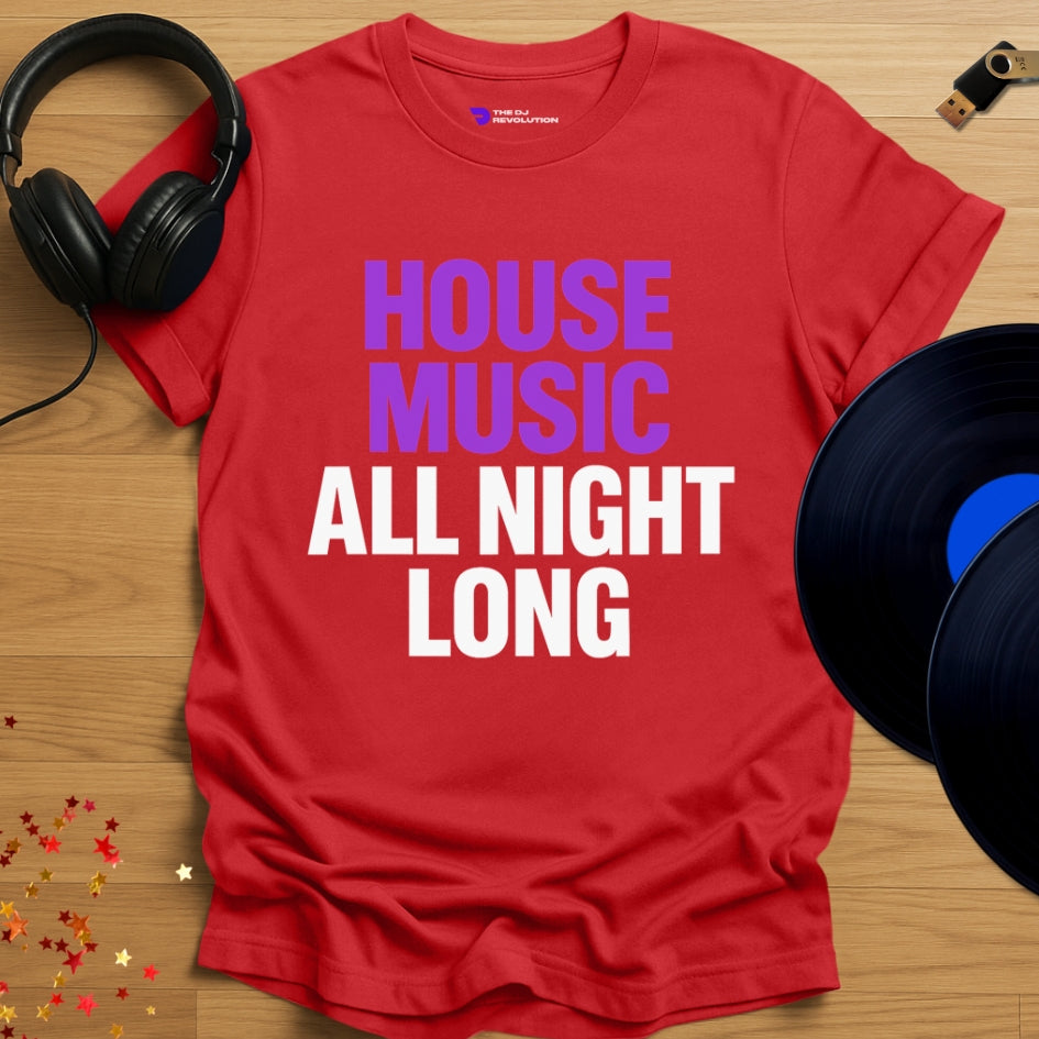 House Music All Night Long T-shirt in red, front view