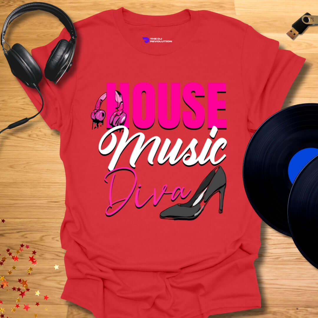 Unisex house music T-shirt, 'House Music Diva' design in red, front view