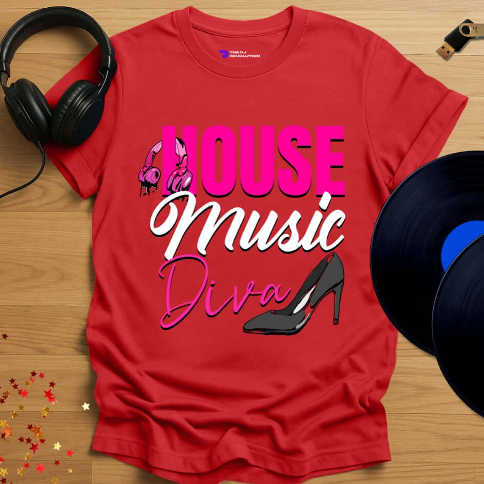 Unisex house music T-shirt, 'House Music Diva' design in red, front view