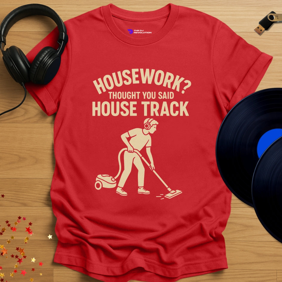 Housework house music T-shirt in red, front view