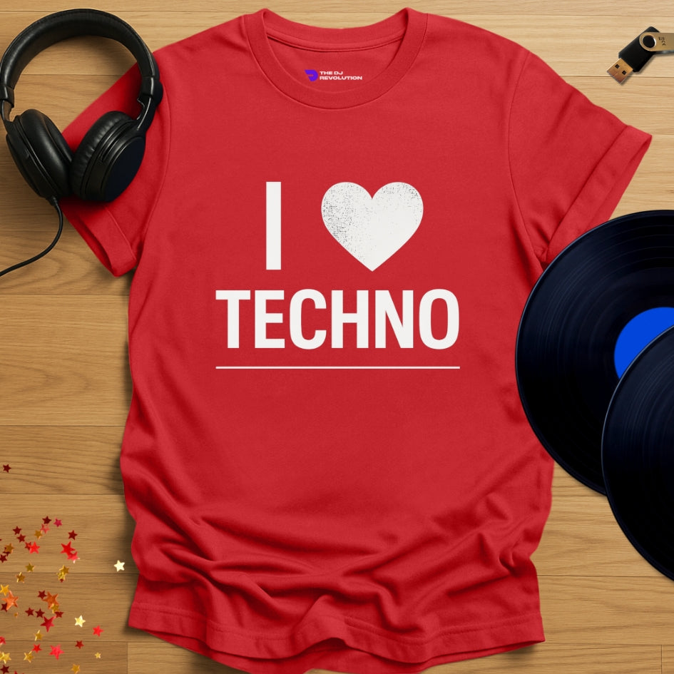 I Love Techno T-shirt in red, front view