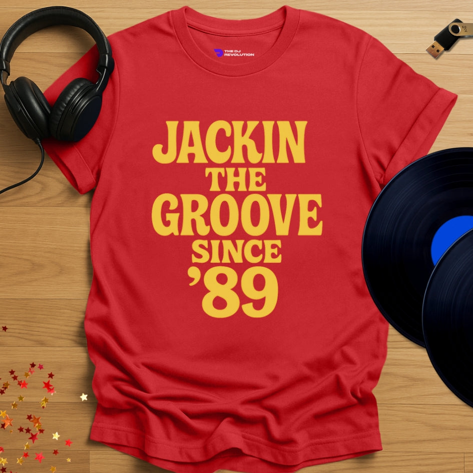 Jackin The Groove house music T-shirt in red, front view
