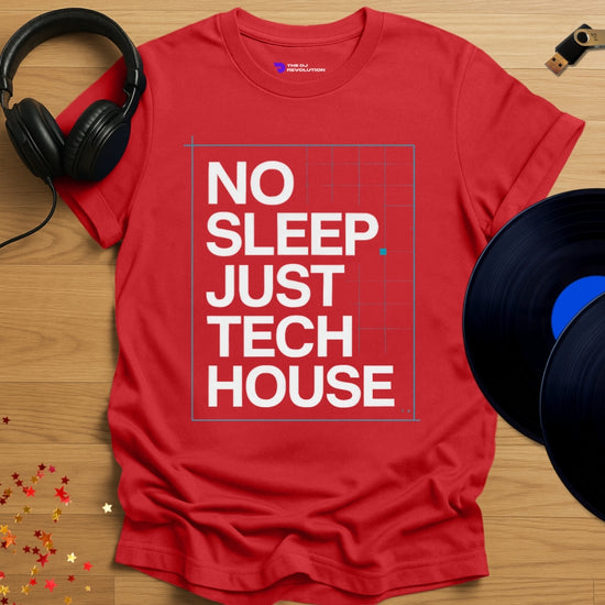 ‘Just Tech House’ house music T-shirt in red, front view