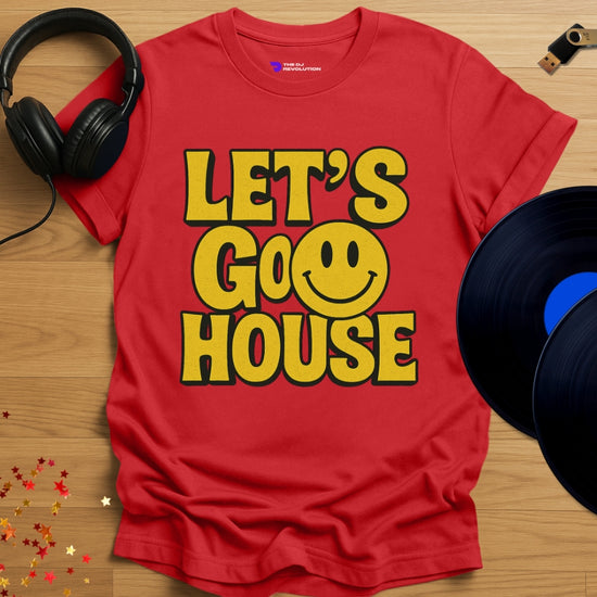 Let’s Go House’ house music T-shirt in red, front view