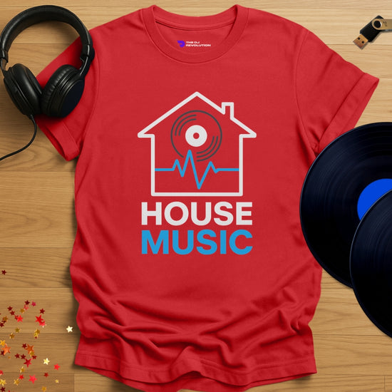 Living With House Music T-shirt in red, front view