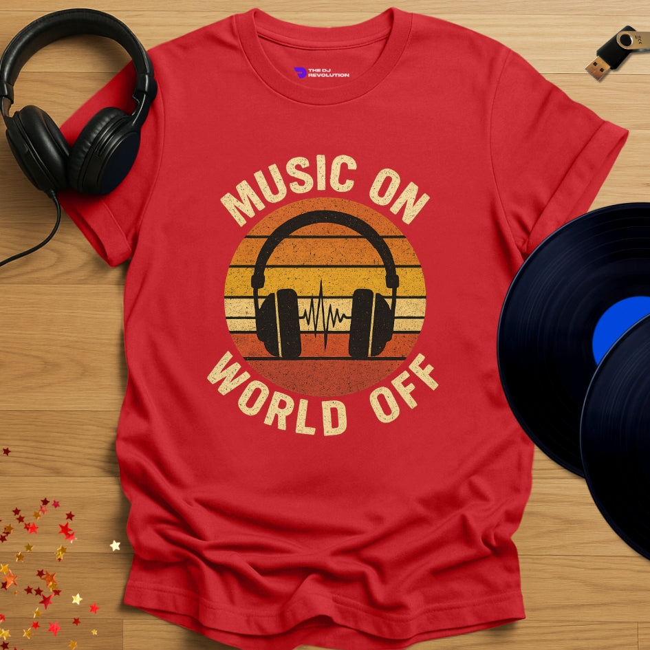 'Music On World Off’ T-shirt in red, front view