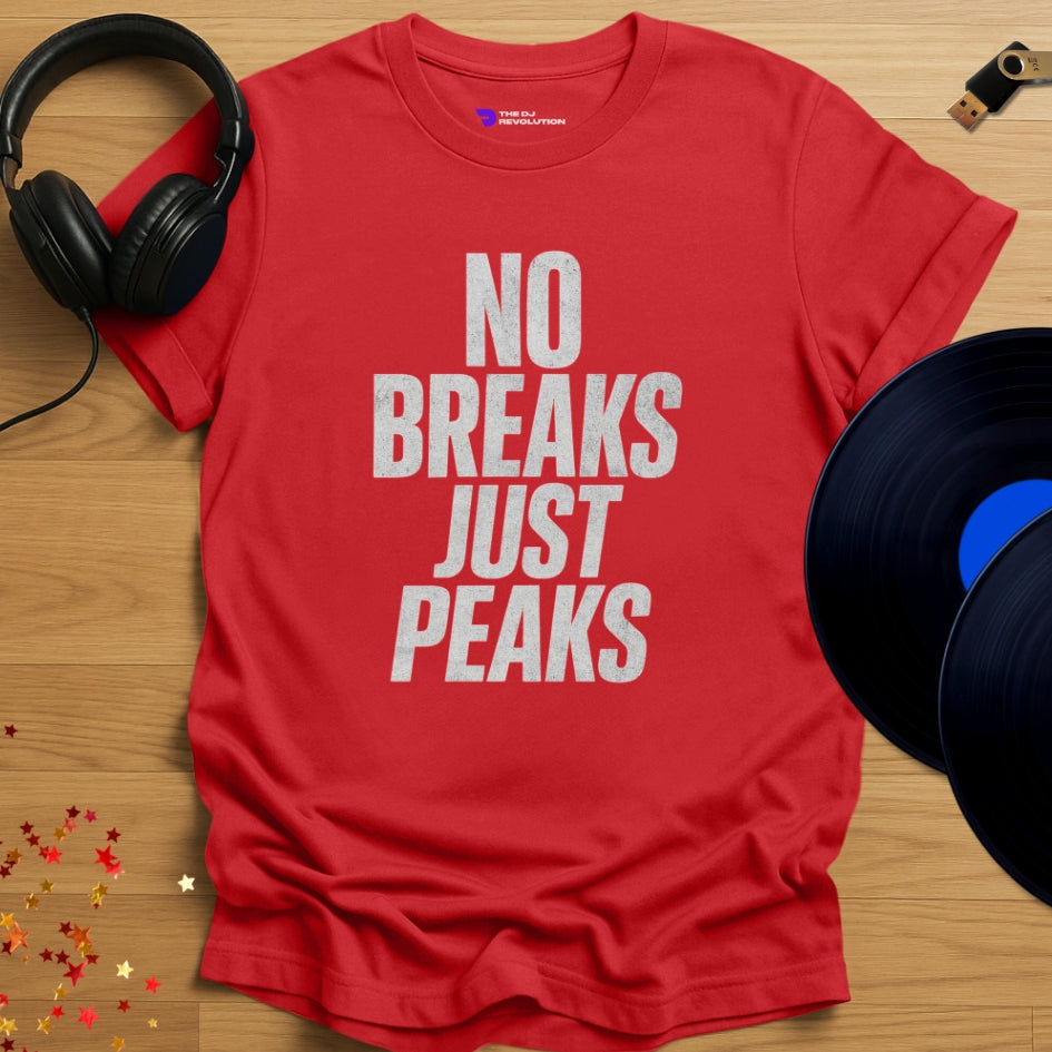 No Breaks Just Peaks Techno T-shirt in red, front view