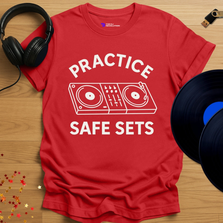 'Practice Safe Sets', funny DJ T-shirt in red, front view