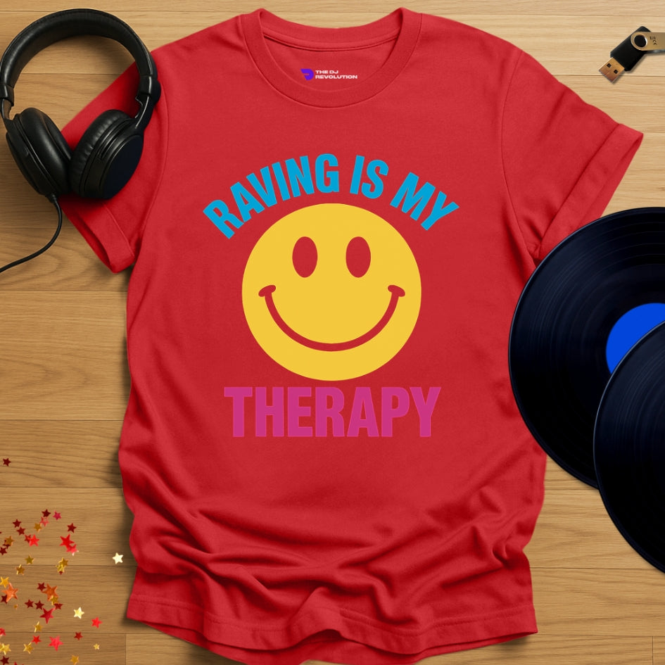 'Raving Is My Therapy', rave T-shirt in red, front view