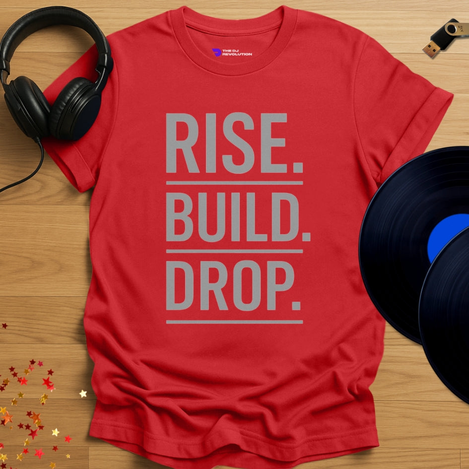 Rise Build Drop Techno T-shirt in red, front view