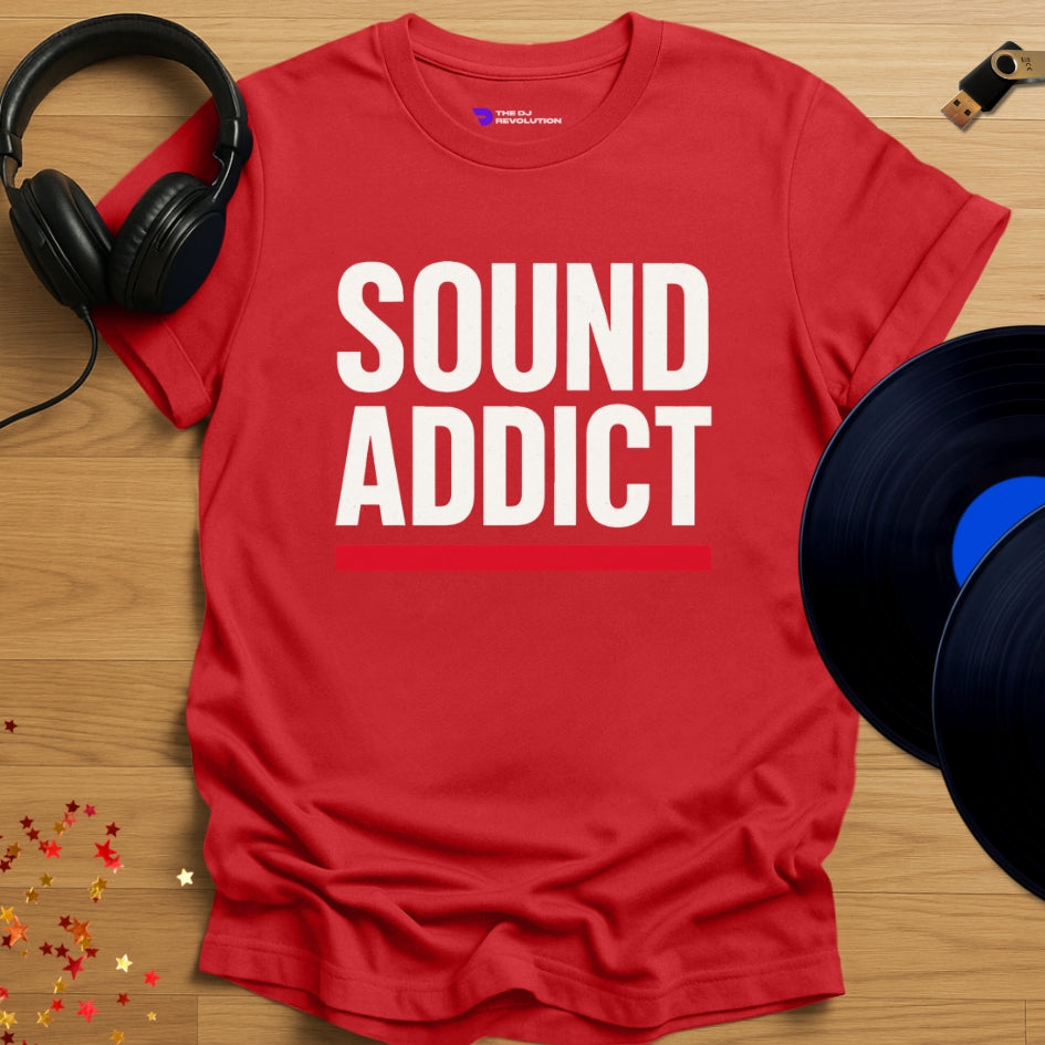 'Sound Addict', music lover DJ T-shirt in red, front view