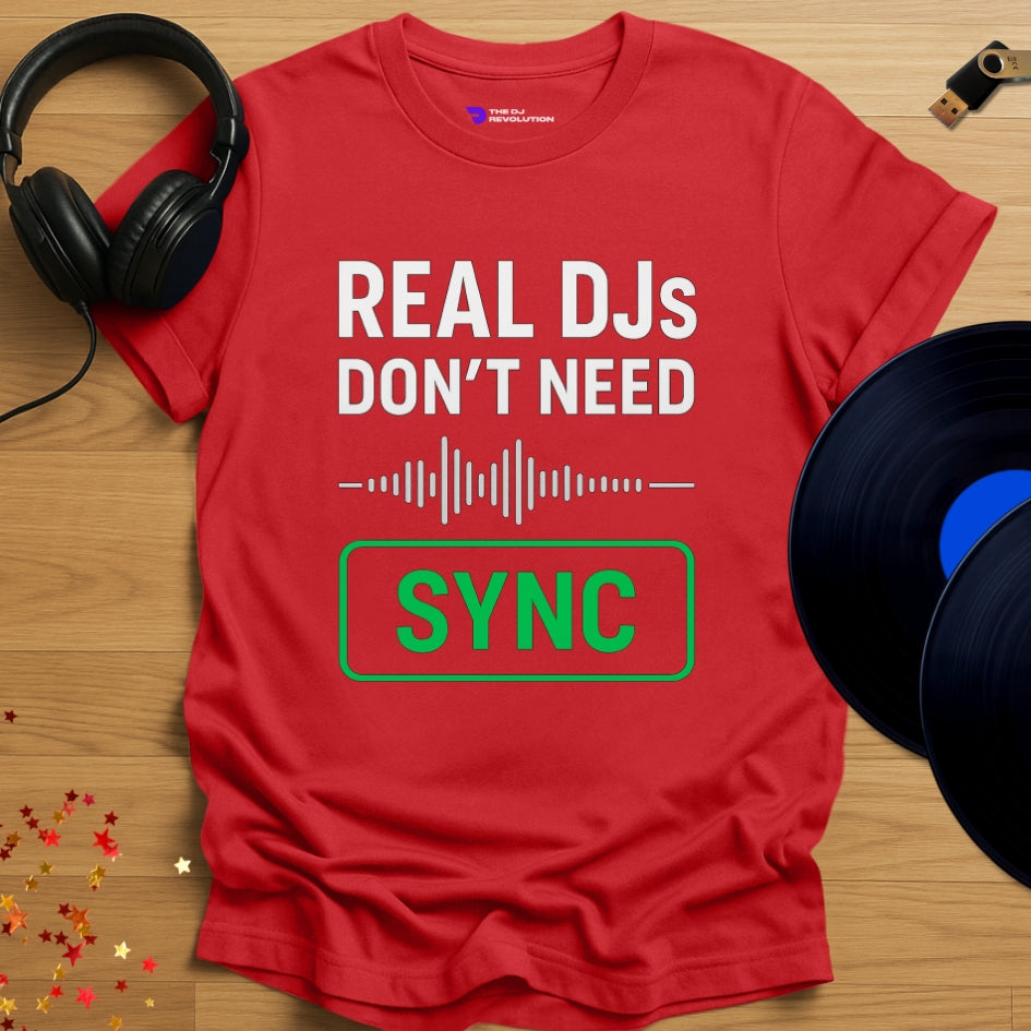 Sync button DJ T-shirt, 'Sync Button Tee' design in red, front view
