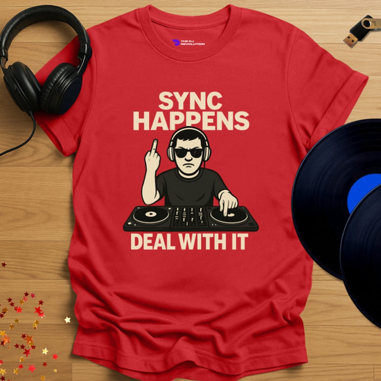 'Sync Happens' funny DJ T-shirt design in red, front view