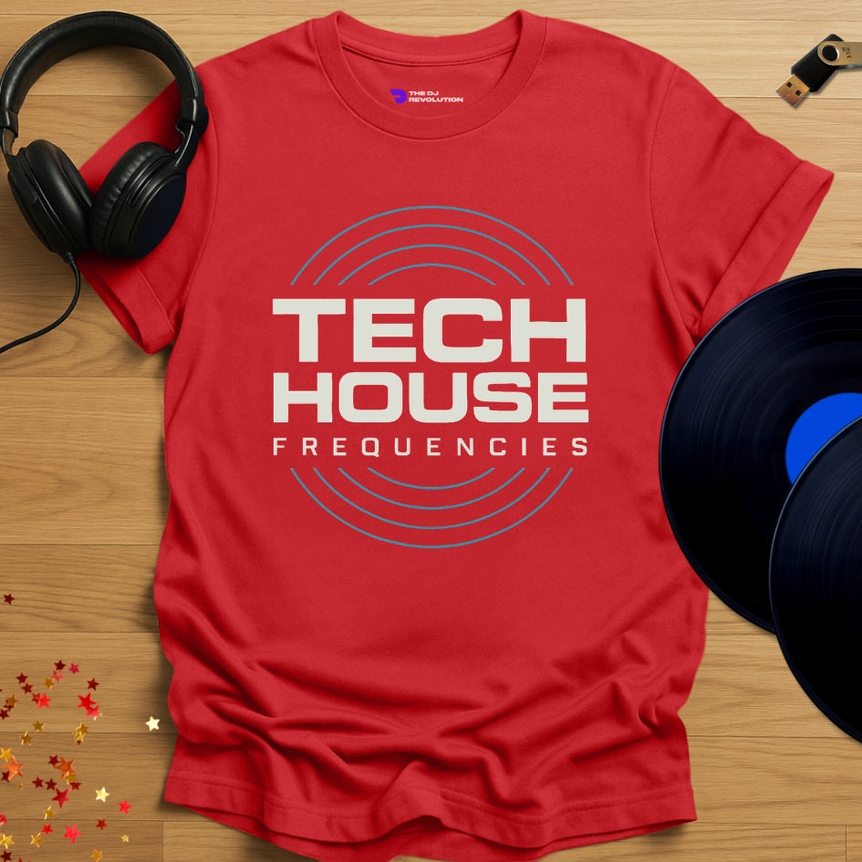 Tech House Frequencies house music T-shirt in red, front view