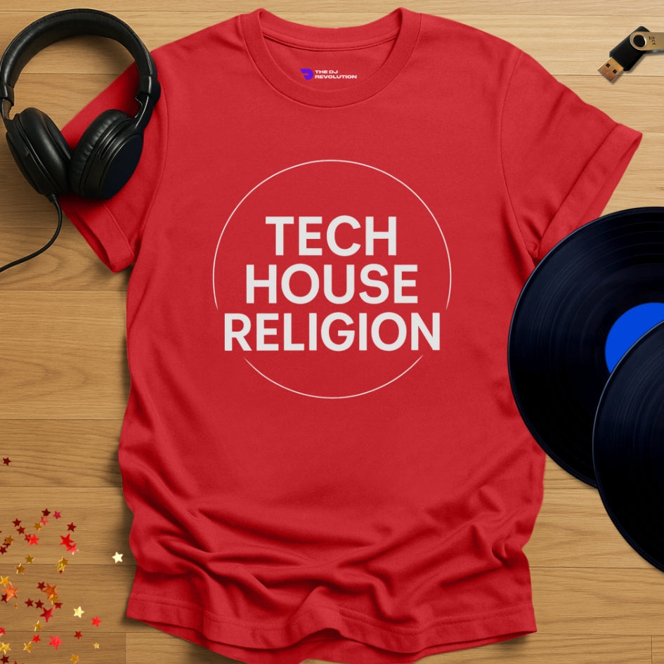 Tech House Religion house music T-shirt in red, front view